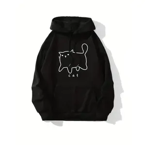 Stylish Women's Hoodie With Adorable Cat Print And Convenient Kangaroo Pocket