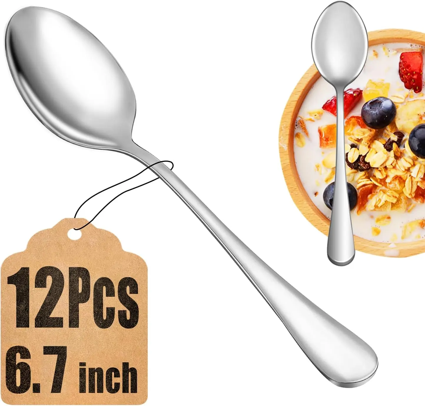 12 Piece Teaspoons Set,Food Grade 18/10 Stainless Steel Tea Spoons,Durable Small Spoons,Metal Dessert Spoon,Spoons Silverware for Home,Kitchen or Restaurant,Mirror Polished & Dishwasher Safe,6.7-Inch