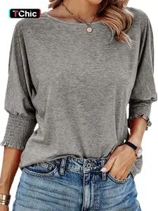 【Modest Special 】Women's Plain Frill Trim Shirred Batwing Sleeve Tee, Casual Loose Basic 3/4 Sleeve Round Neck T-shirt for Spring Summer, Women's Top for Daily Wear, Cute Tops
