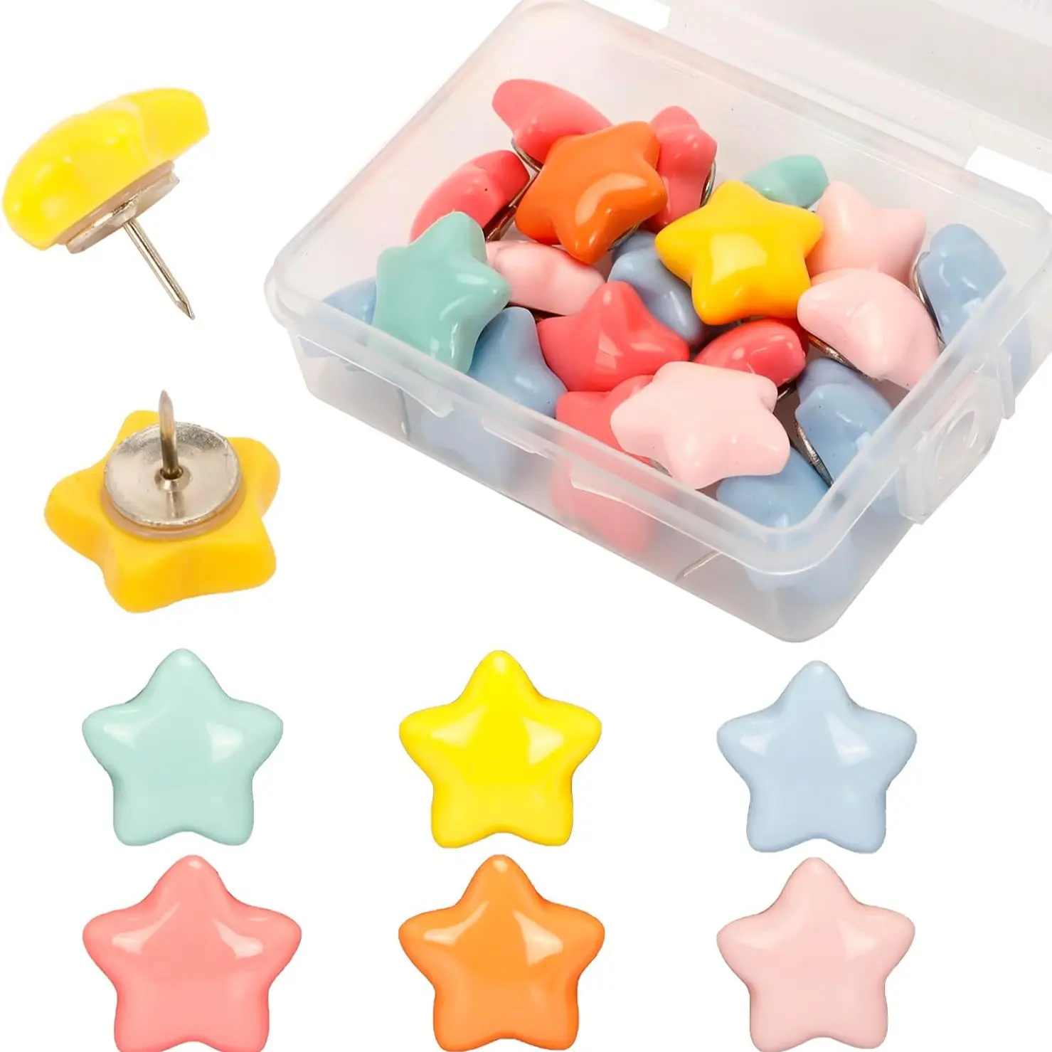 Star Shape Multi-Color Vibrant Unique Push Pins, Plastic Glitter Thumb Tacks Cute Decorative Star Shape Design Drawing Pins for Corkboard Friendly Wall Hanging Calendar Photo Bulletin Board Map Office Home Decor Wall Decoration, Push Pin Functionality