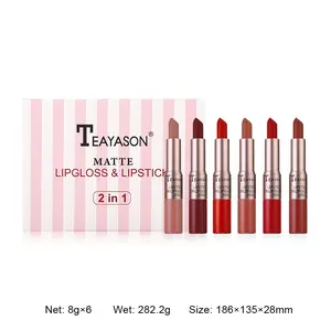 6-Piece Cosmetic 2-in-1 Double-Ended Lipstick & Lip Gloss Gift Set, Matte & Glossy, Waterproof, Long-Lasting, Lip Color Brightening