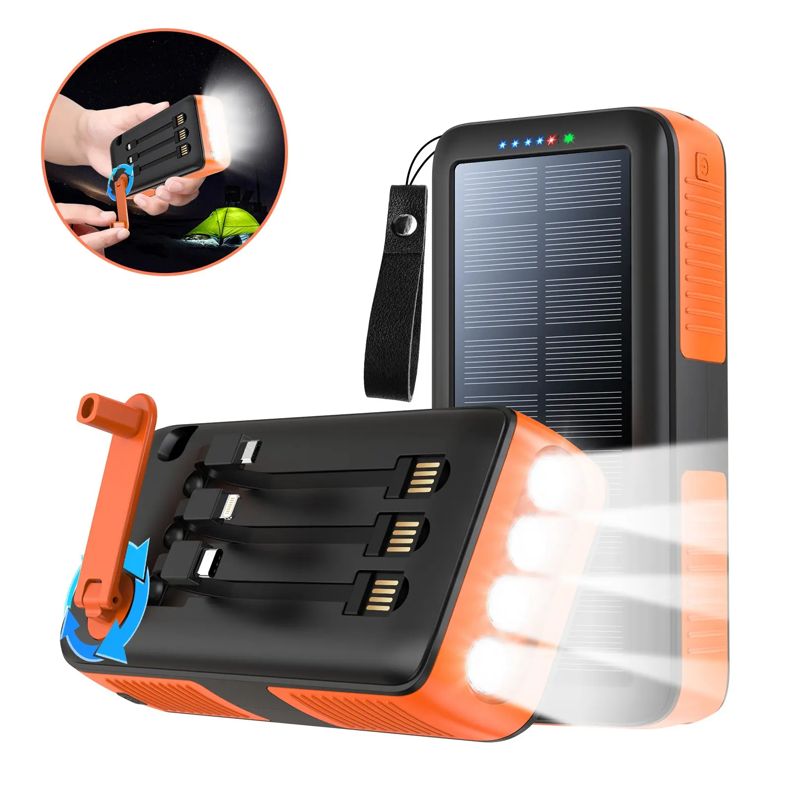 Amas Solar Rechargeable Battery, 63200 mAh, with 2 input and 2 output ports, 3 fast charging cables, a hand-cranked rechargeable battery, 15W portable vehicle-mounted mobile power supply for mobile phones, 4 flashlights
