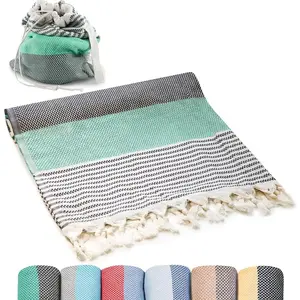 Oversized 100% Cotton Turkish Beach Towel (71x39 Inches), Converts to Bag, Lightweight Quick-Dry Beach Blanket for Travel, Picnic, Camping, Yoga & Pool (Green x Black)