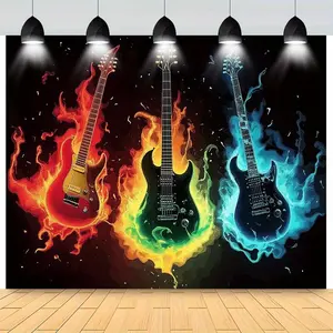 Vibrant Electric Guitar Flame Hanging Wall Mural - Polyester Rock Music Theme Backdrop with Fiery & Icy Effects, Durable Decoration Banner (White), No Power Needed for Birthdays, Events