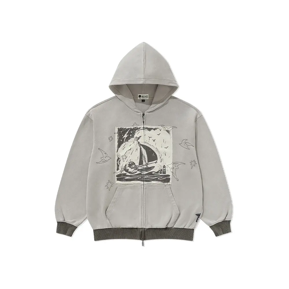 POP MART Hirono Living Wild - Freedom Island Storm Applique Cardigan Sweatshirt Washed Grey clothes