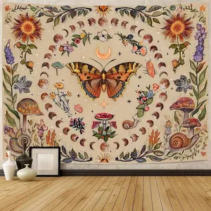 Sun and Moon Tapestry Vintage Boho Wall Hanging, Large Aesthetic Room Decor with Butterflies & Flowers Magic Garden, Oversized Wall Art for Bedroom Living Room Dorm Party