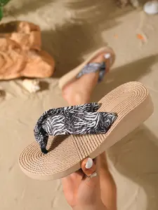 Zebra Print Scarf-Like Canvas Shoe Laces Thick Sole Flat Sandals, Thick Woven Grass Bottom, Beach Vacation Casual Wear, Comfortable Height Increase Non-Slip Shoes