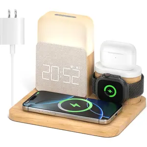 Clock  Station for Bedrooms, 7 in 1   Station, Mag-Safe Charger with Night Light Bedside Clock for  16 15 14 13 12 Pro Max,  Watch, AirPods