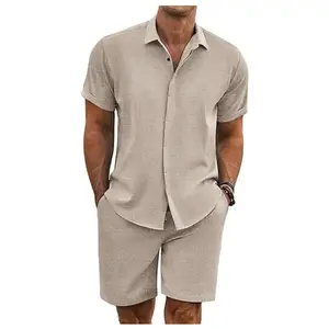 Men's Summer Beach Outfit 2-Piece Short Sleeve Shirt & Shorts Set in Premium Linen Texture Fabric for Vacation & Casual Wear, Mens Matching Shirt and Shorts Set, Lightweight Breathable Resort Wear, Casual Summer Outfit for Beach, Cruise, Holiday,