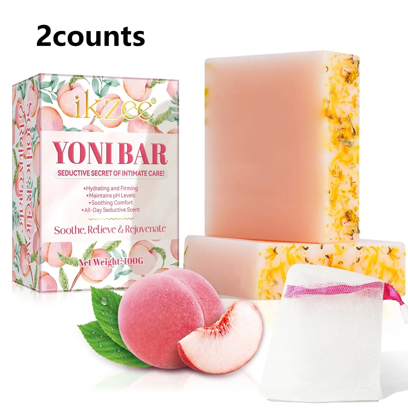 Ikzee Natural Feminine Soap Daily Intimate Wash Intimate Cleanser 100g Peach Scent, Ph Balanced, Gentle Cleansing, Moisturizing, Suitable for All Skin Types, Multi-Pack