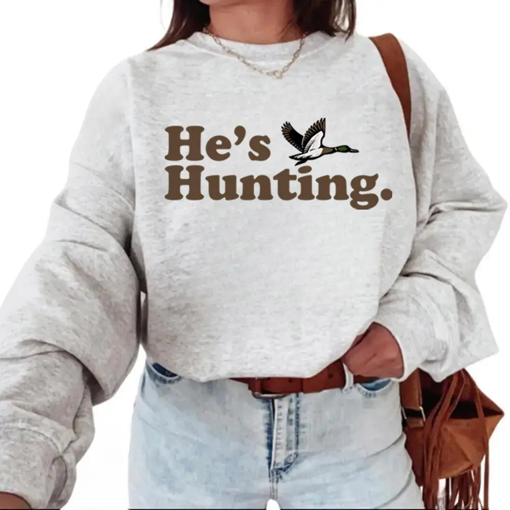 He's Hunting Mallard Funny Graphic Tee Retro Mallard Duck Sweatshirt Pullover, Hunting Season Unisex Cotton (5)