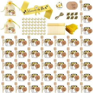 40 Pack Glass Honey Jars, 1.5 oz Honey Pot with  Shower Sash, Lids, Dippers, Bee Pendants,  Bags, Cards, Jute and Stickers-Ideal Honey Jars Set for  Shower, Wedding and Party Favors