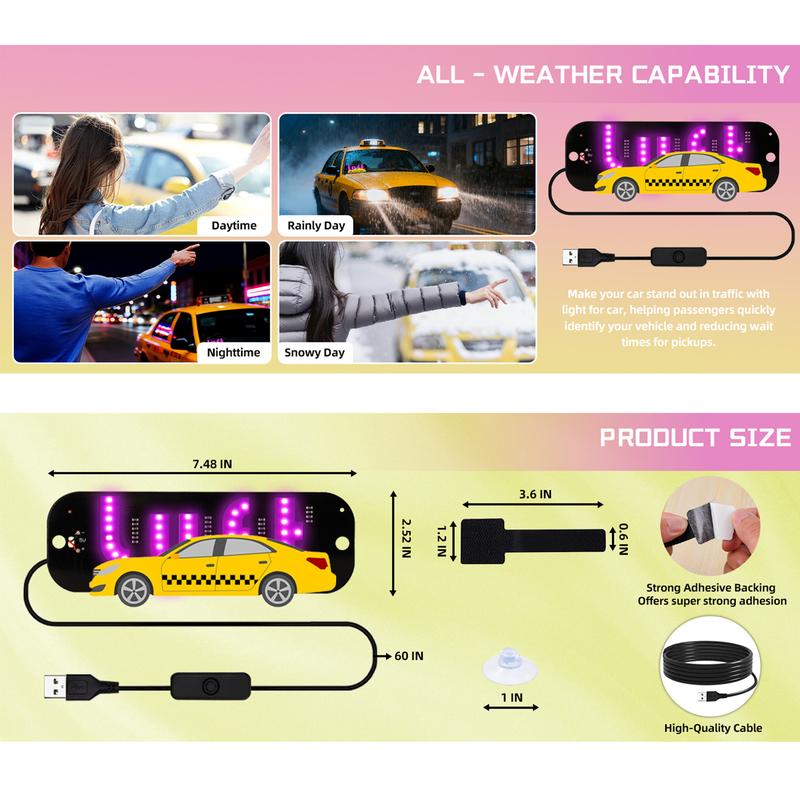 U/L Taxi Sign Light LED Decal for Car Windshield with Suction Cups USB Plug Dual-Color Conversion Scrolling Display Board Pink & Blue Light