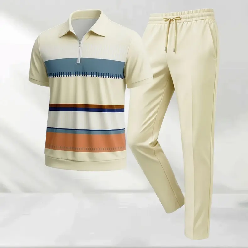 Men's 2-Piece Set - Casual Short Sleeve Zip Polo Shirt and Polyester Trousers, Breathable Summer Mens Clothing, Machine Washable, Shortsleeve, Clothes, 2 Piece Sets, Two-Pieces