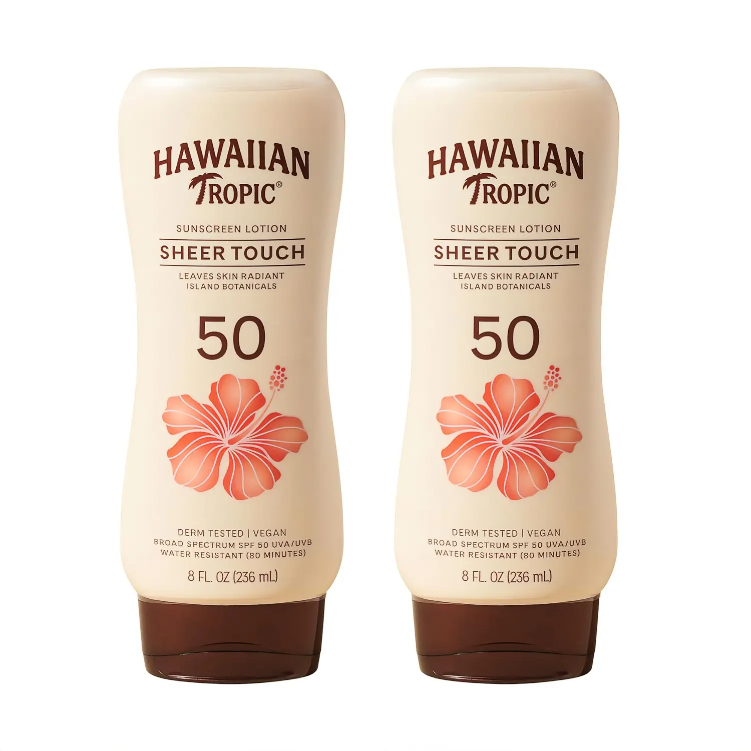 Hawaiian Tropic Sheer Touch Ultra Radiance Sunscreen Lotion, SPF 50, 8 Fl Oz Twin Pack (8 Oz Each), Oxybenzone-Free, UV Protection, Daily Body Care, Ultra Sheer Sunblock