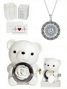 "Celtic Heart Whisper" round pastoral sunflower versatile gem necklace with preserved rose & rotating bear gift box. A mysterious gift for all festivals, dates, birthdays for wife or daughter, and Valentine's Day.