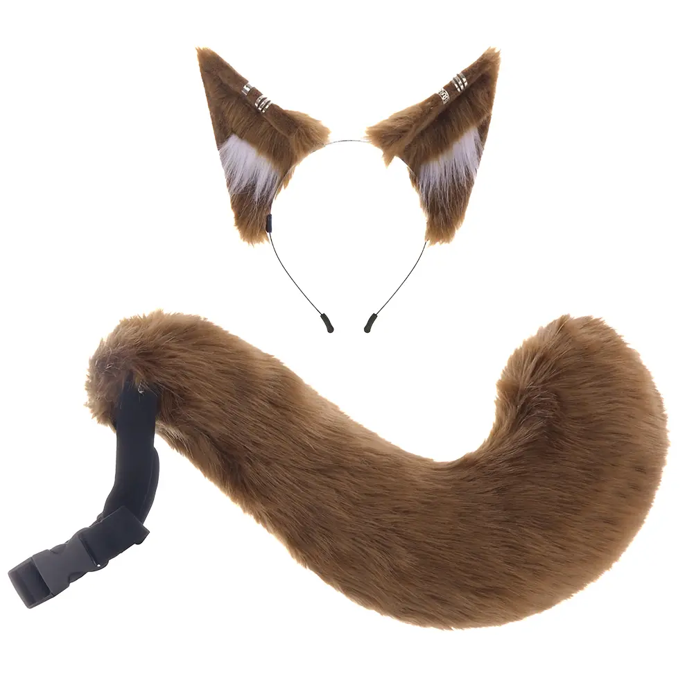 Metal Ring Decor Fox Ear Headband & Bendable Fluffy Tail Set with Adjustable Buckle Belt, Cosplay Fashion Accessories