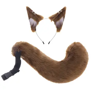 Metal Ring Decor Fox Ear Headband & Bendable Fluffy Tail Set Adjustable Buckle Belt Cosplay Accessory