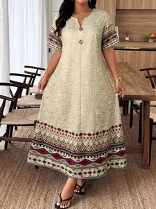 Plus Size Women's Casual Geometric Print Dress, Loose Fit V Neck Short Sleeve, Button Decoration, Spring Summer, Versatile Occasions