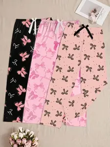 Women's Bowknot Print Sleepwear Loungewear Set, Vintage Style Comfortable Fashion Pajamas, Cute Trendy Nightwear for Women Pjs, Fashionable Home Wear