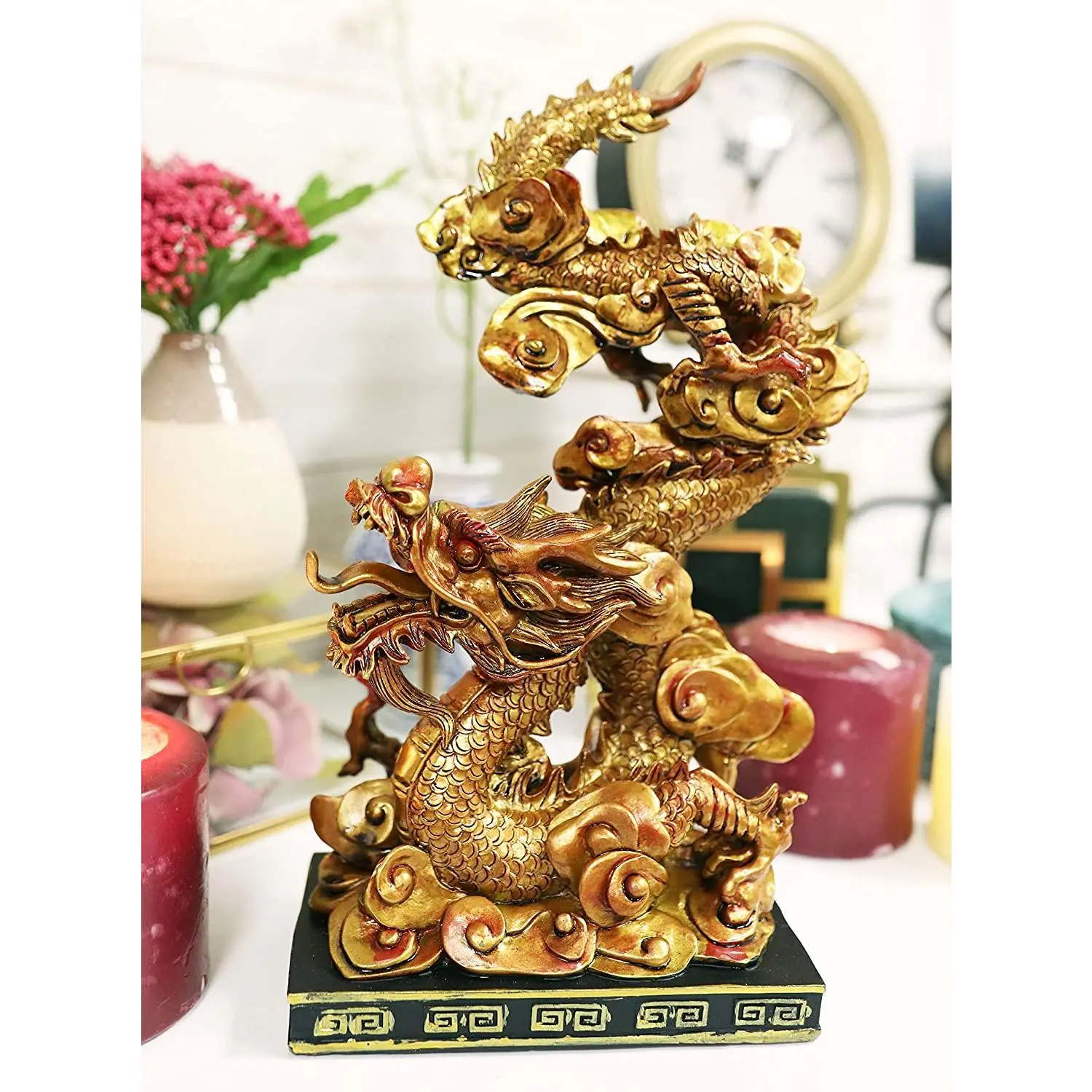 Ebros Feng Shui Nine Dragons Golden Dragon King Statue With Black Base 10.25"H