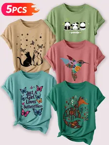 Women's 5-Pack Crew Neck T-Shirts, Animal Illustration Print (), Multiple Colors Available, Machine Washable, Spring & Summer Top, Soft Skin-Friendly Fabric, Daily Versatile, Casual, Fashion Design