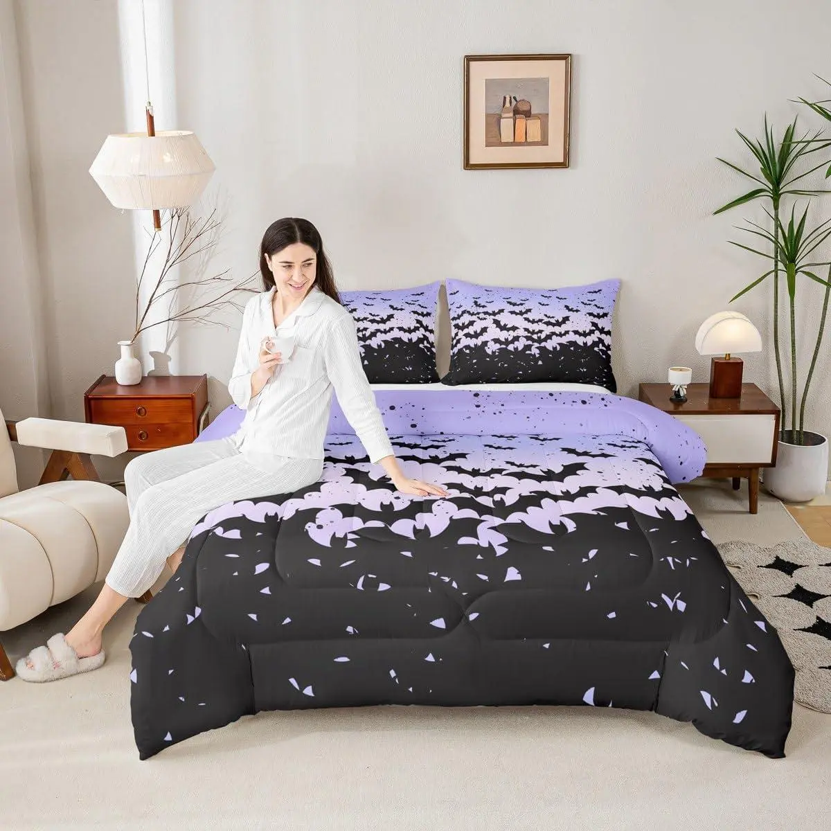 Feelyou Halloween Digital Print Comforter Set - Breathable Microfiber Bedding, Black Bats Gothic Chic Design, Blue-Purple Ombre Romantic Duvet Insert, Machine Washable, Multi-Size Sets, for Kids Rooms Decor