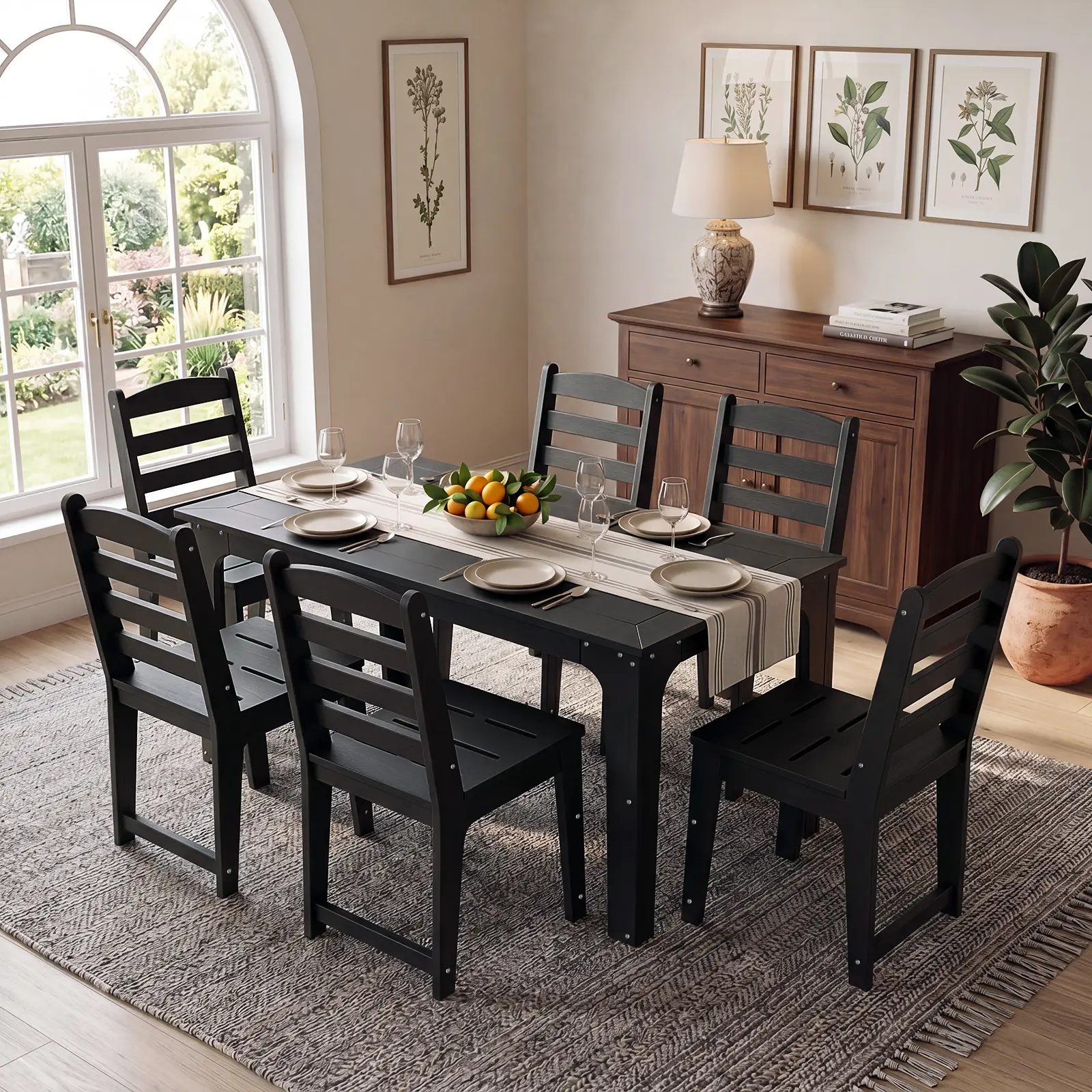 HDPE Outdoor Dining Table & Chairs Set for 6 Person, Black(7-Piece) | Weather-Resistant Patio Furniture Set with Metal Support Bars and Umbrella Hole Cut-Out for Poolside Garden Backyard Deck