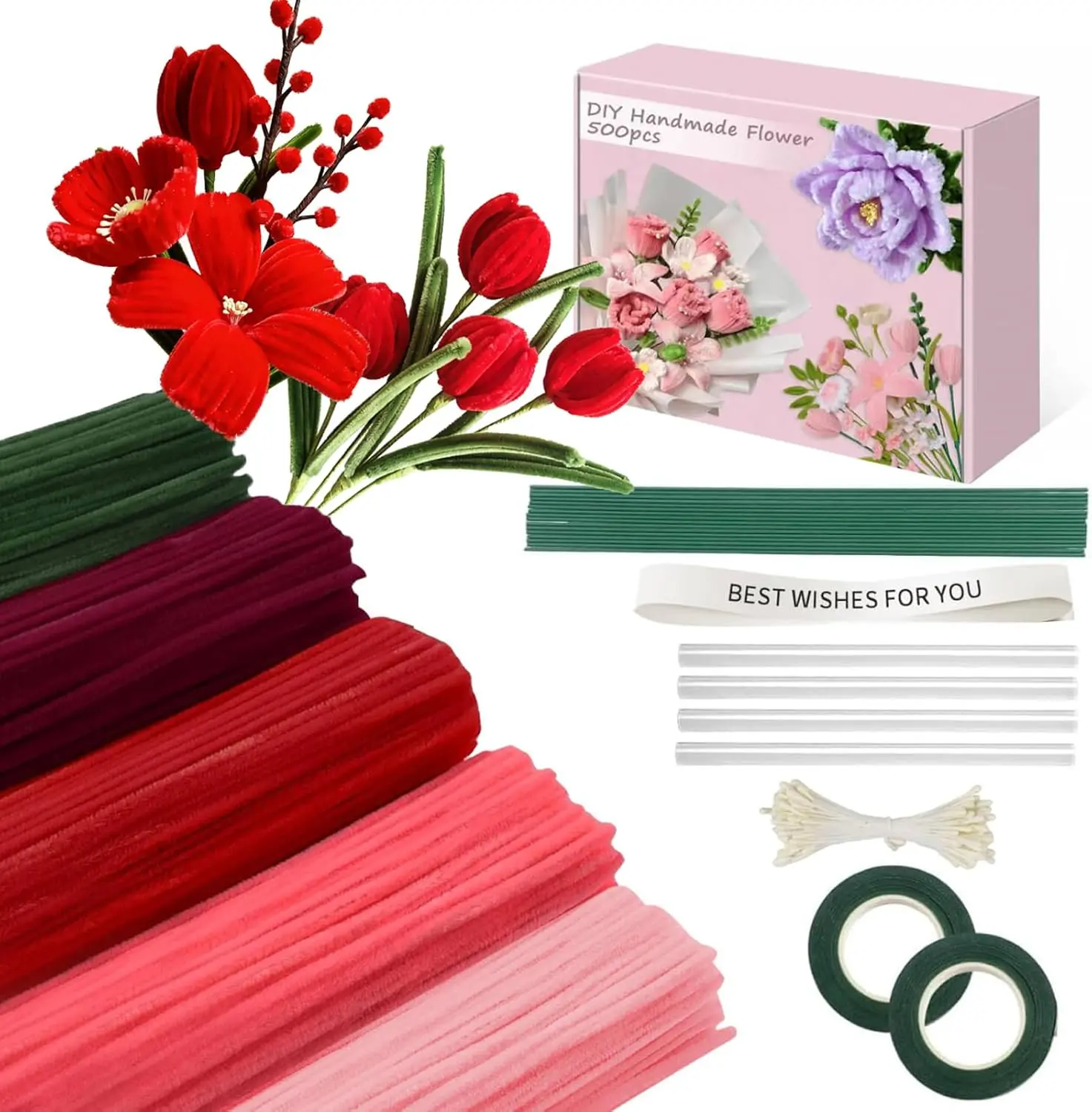 500-Piece Chenille Stems Craft Kit (Red) - 5-Color Pipe Cleaners Bulk with Ribbons, Stems, Tape, Stamens, Glue Sticks for DIY Handmade Bouquet Wrapping, Party Decorations