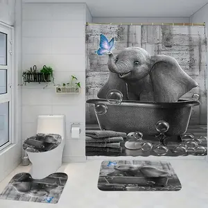 Elephant Pattern Bathroom Accessories Set, Shower Curtain, U-Shaped Toilet Pad, Long Rectangle Mat, Toilet Seat Cover, Fashionable Bath Decor