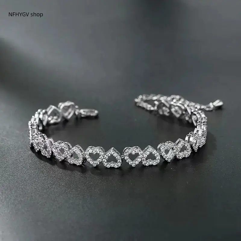 Accessories, 2026 Light Luxury Adjustable Bracelet for Women, European Style Heart Spliced Design, Full Diamond Inlay with Bright Luster, High-End Fashion Jewelry for Daily Use