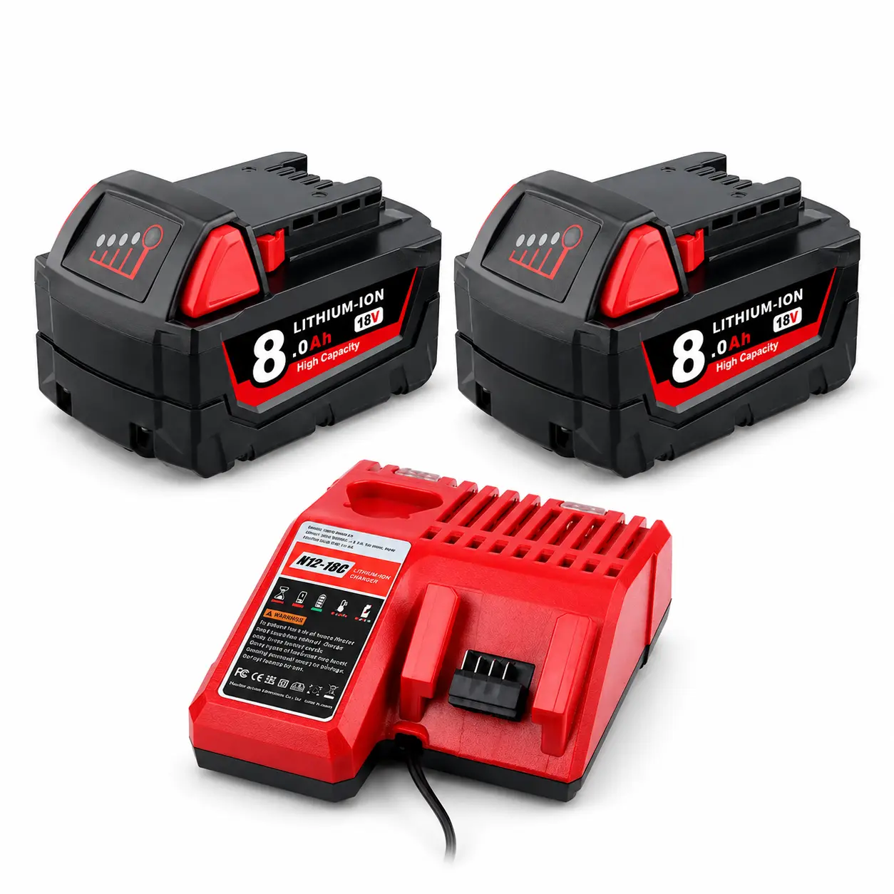 Replacement for Milwaukee 18V Battery 8.0Ah 2-Pack and Charger Combo, High-Capacity 8000mAh Lithium-Ion Battery Pack Compatible with M18 Cordless Power Tools, Batteries, All-In-One Set