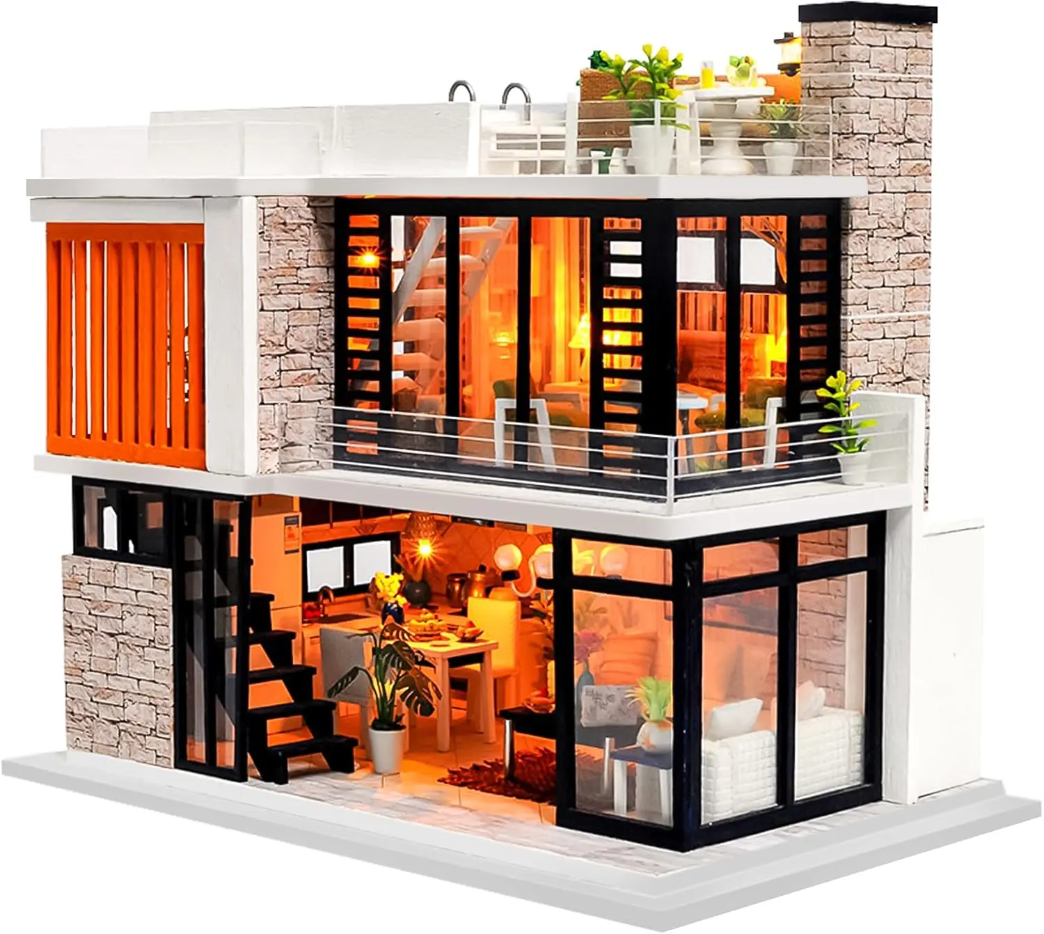 Spilay 1:24 Scale Wooden Cloth DIY Mini Modern Villa Dollhouse Kit - 9.05*3.93*7.87 in, Furniture, Manual Music Box, Florence Edition, Handcrafting Perfect Gift for Kids' Birthdays-Valentine's Day