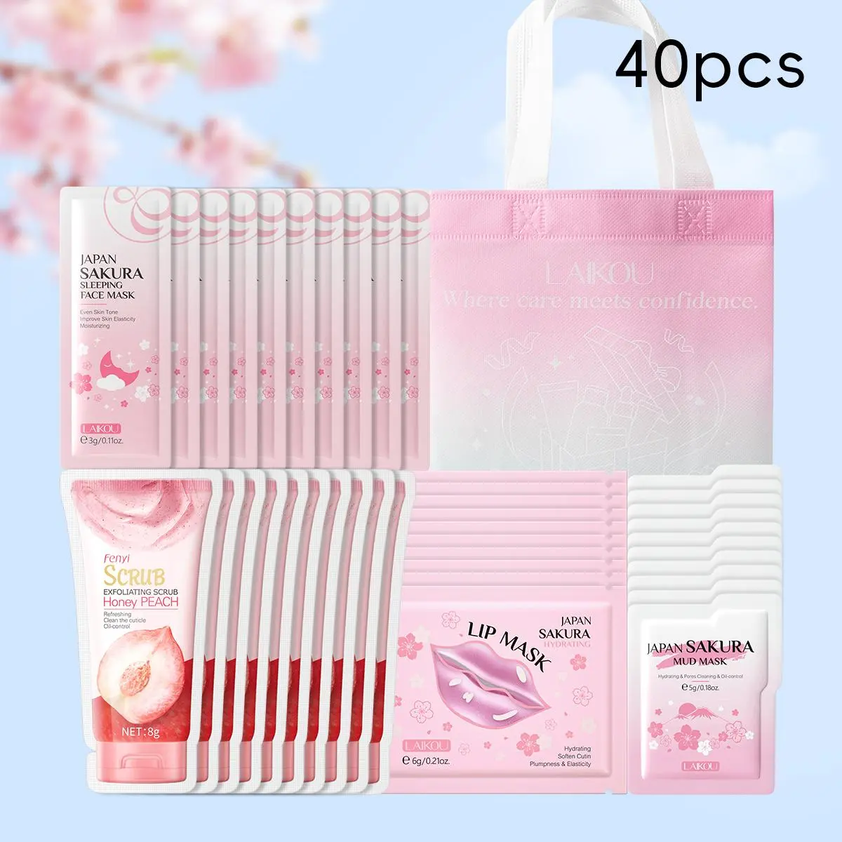Sakura Skin Care Kit, Glow Up Bundle, 40pcs/set Skin Care Combination Moisturizing & Face Mask & Lip Mask & Mud Mask & Sleeping Mask & Scrub, Facial Skin Care Kit for Women & Girls