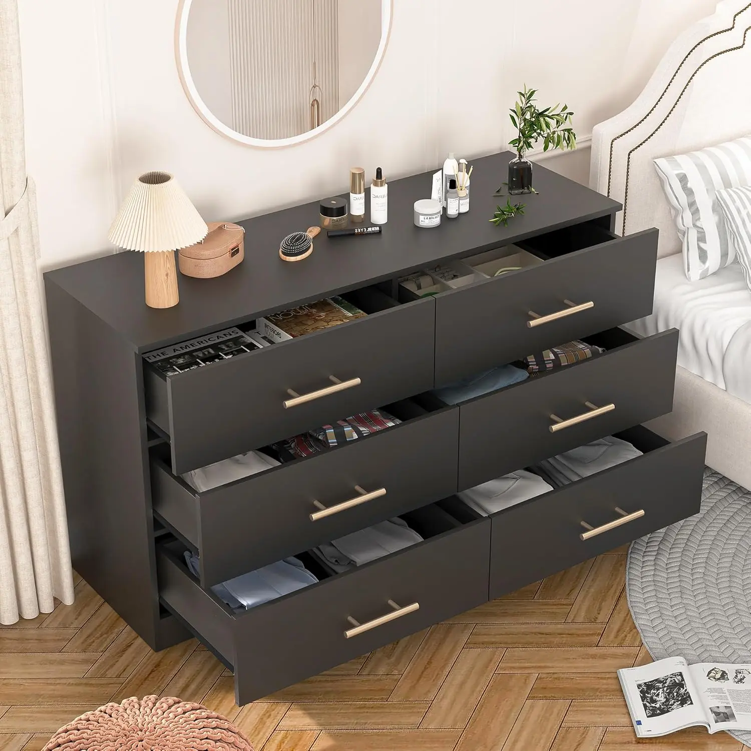 6 Drawer Dresser with Gold Handles for Bedroom, Modern Wide Chest of  Drawers with Sturdy Frame