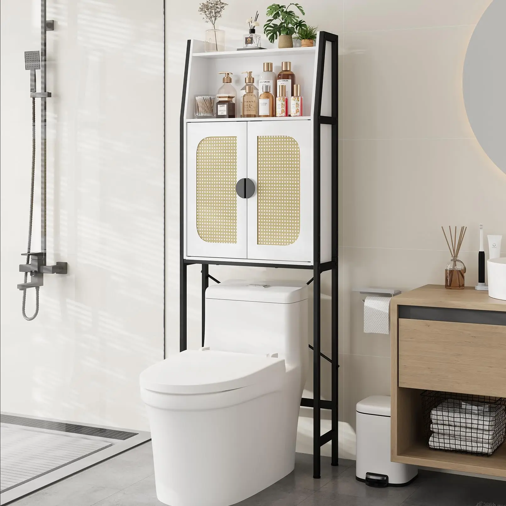 Over The Toilet Storage Cabinet with Rattan Doors, Bathroom Organizer with Adjustable Shelf, Metal Frame & Anti-Tip Device, Space-Saving Wood Cabinet for Bathrooms, Laundry Room, White
