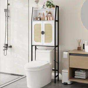 Over The Toilet Storage Cabinet with Rattan Doors, Bathroom Organizer with Adjustable Shelf, Metal Frame & Anti-Tip Device, Space-Saving Wood Cabinet for Bathrooms, Laundry Room, White