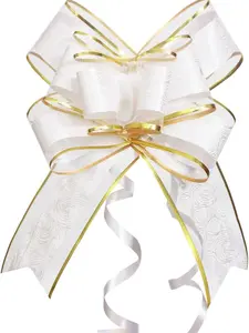 Pull Bows for Gift Wrapping, 15 PCS Large Gift Bow Bulk for Presents Package, Gift Baskets, Christmas, Wedding, and Party Decor (White with Tulle & Gold line, 6 inches)