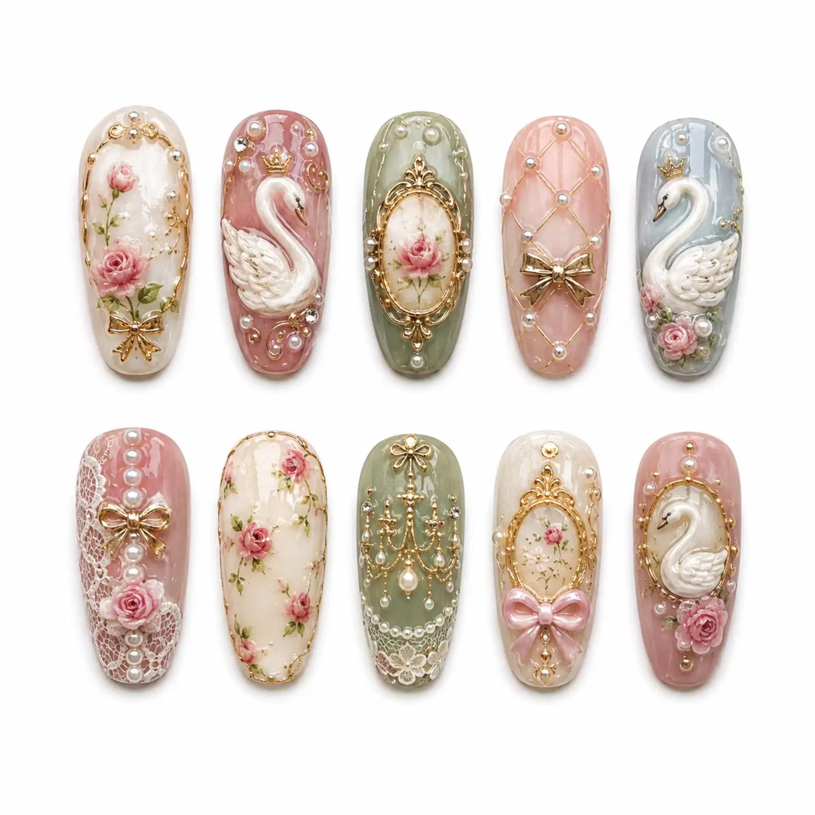 Royal Swan Princess Press On Nails – Vintage Coquette Pearl Rose Gold Luxury Set