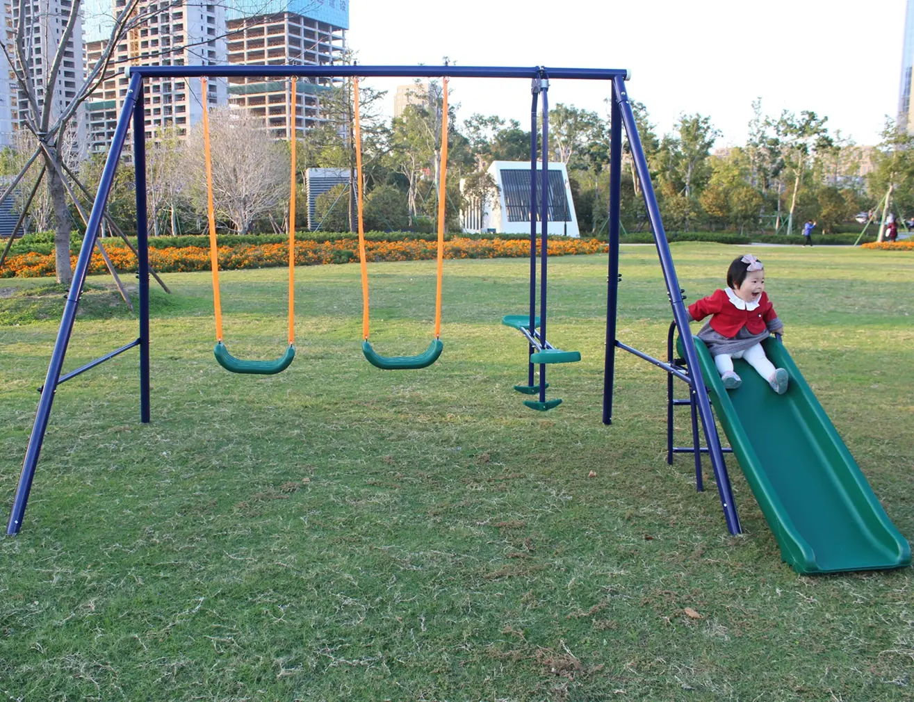 DONEXT A-Frame Metal Swing Set with Slide - Durable Outdoor Play Set for Kids, Backyard Playground Equipment (Blue, Green, Orange) | Kids Outdoor Play, Outdoor Play Sets
