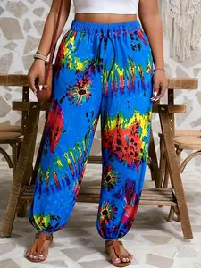 Women's Plus Size Tie-Dye Print Drawstring Jogger Pants, Loose Casual Sporty Straight Leg Trousers, Comfortable and Stylish, Sweat Pant Print