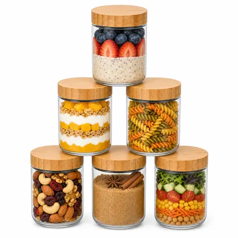 YUNCANG 6-Pack 16oz BPA-Free Cylindrical Glass Overnight Oats Containers with Airtight Detachable Bamboo Lids, Wide-Mouth Meal Prep Kitchen Gadgets for Storage Organization, Breakfast