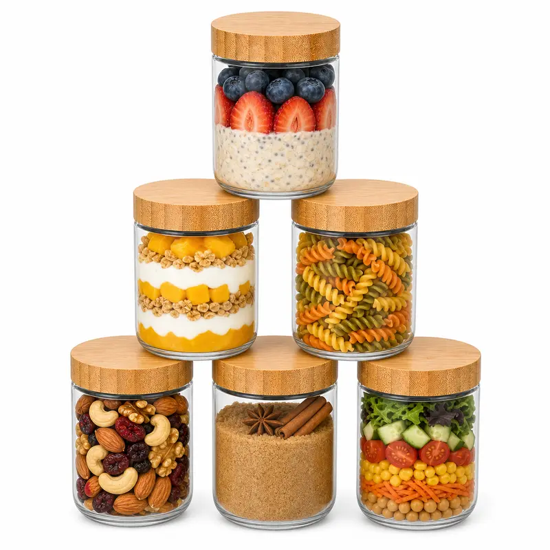 YUNCANG 6-Pack 16oz BPA-Free Cylindrical Glass Overnight Oats Containers with Airtight Detachable Bamboo Lids, Wide-Mouth Meal Prep Kitchen Gadgets for Storage Organization, Breakfast