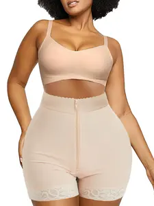 1 Counts Women's Plain Lace Trim Leg Shaping Bottom, Tummy Control Compression Butt Lifting Zipper Shorts with Hook-and-Eye Closure, Minimalist Women's Shapewear Pants for Daily Wear, Highwaist Girdle, Underwear for Women，Suitable For Daily Wear，Sports
