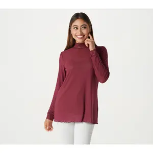 LOGO Layers by Lori Goldstein Sheer Mesh Mock Neck Top with Lace Trim