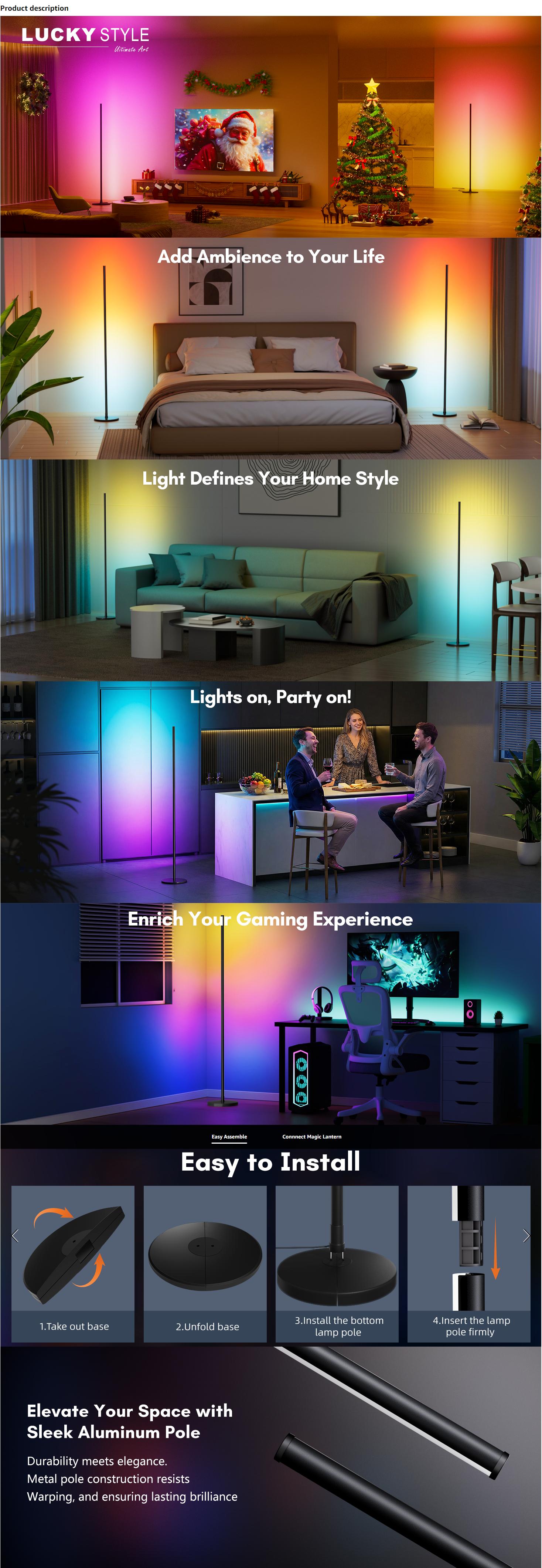 luckystyle Smart RGB+IC Corner Floor Lamp,Bright LED Tall Modern Floor Lamp with APP and Remote,Ambient Lighting Color Changing Standing Lamps with Music Mode and Timing for Living Room,Bedroom,Party