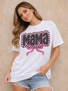 Pink Mama Coquette Bow T-shirt - Comfort Colors, Checkered Shirt, Varsity, Mother's Day, Cotton Fabric Soft Top Womenswear mms shirt