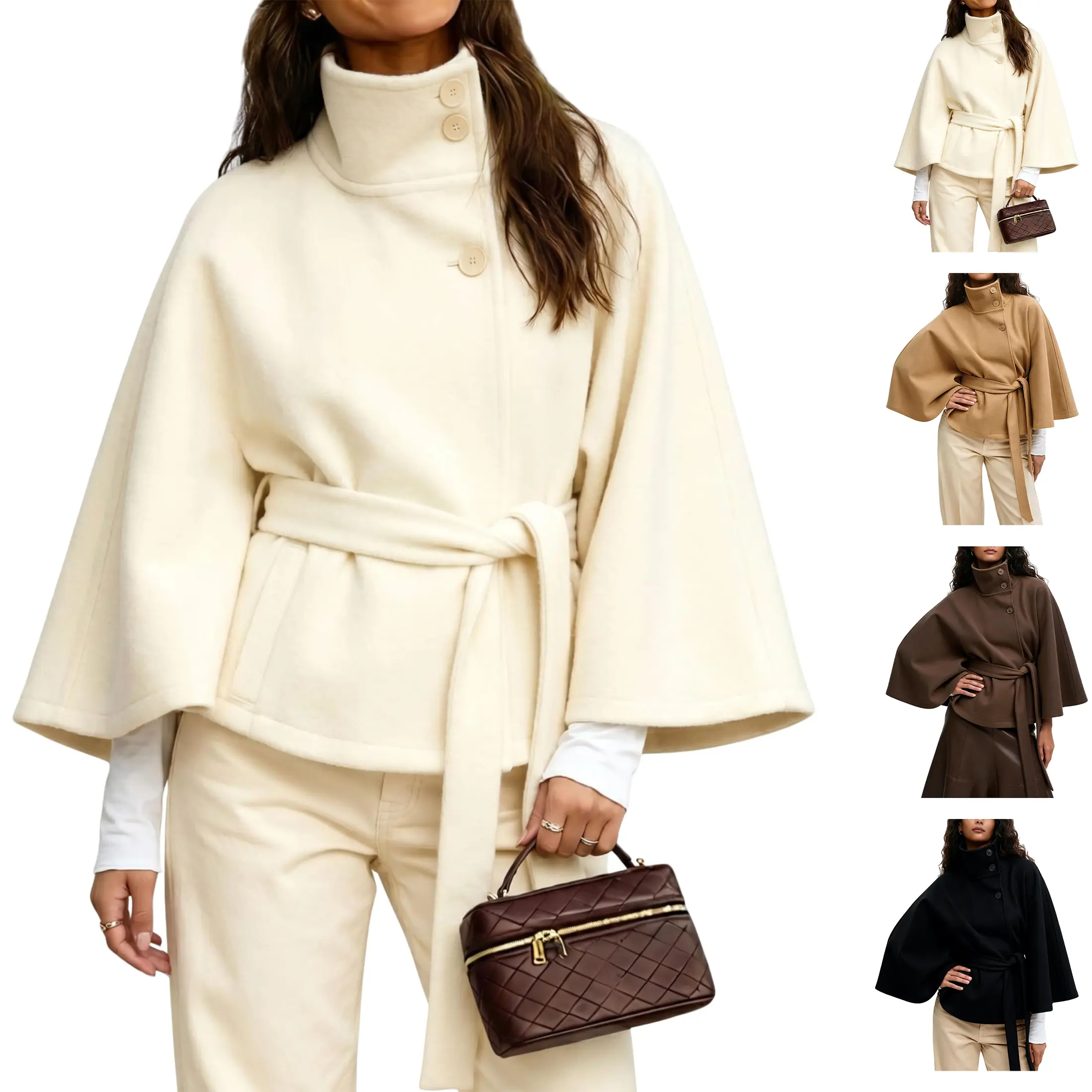 Buenoble Women Wool Blend Stand Collar Poncho Coat, Batwing Sleeve Belted Waist Cropped Winter Jacket, Casual Wrap Short Overcoat For Fall Winter