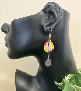Beaded Maasai Cowrie Earrings- Red/Yellow