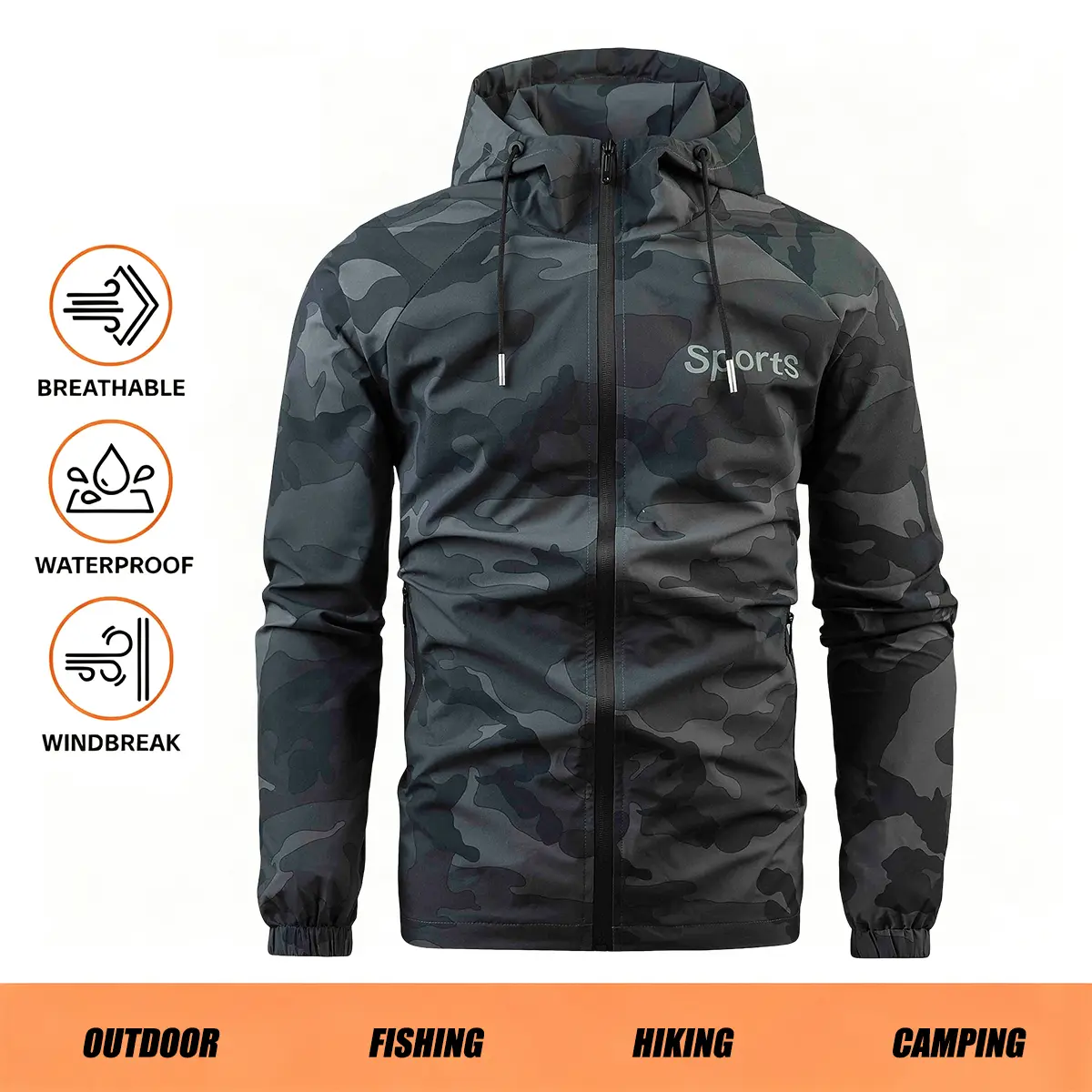 Men's Casual Retro Windproof Hooded Long-Sleeve Jacket - Military Style Multi-Purpose Off-Road Outdoor Fashion Top, Camouflage Geometric Print, Lettering, Zippered Pockets, Polyester Lining, Durable Breathability, Machine Washable for Hiking, Long Sleeve